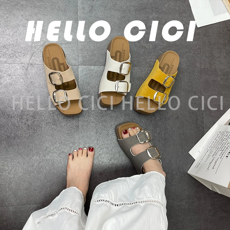 【退货补运费】欧若风方头一字拖鞋夏外穿高级感厚底凉拖鞋女6024