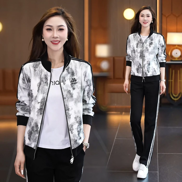 2025春季新款女装休闲运动套装减龄时尚宽松洋气印花春秋两件套