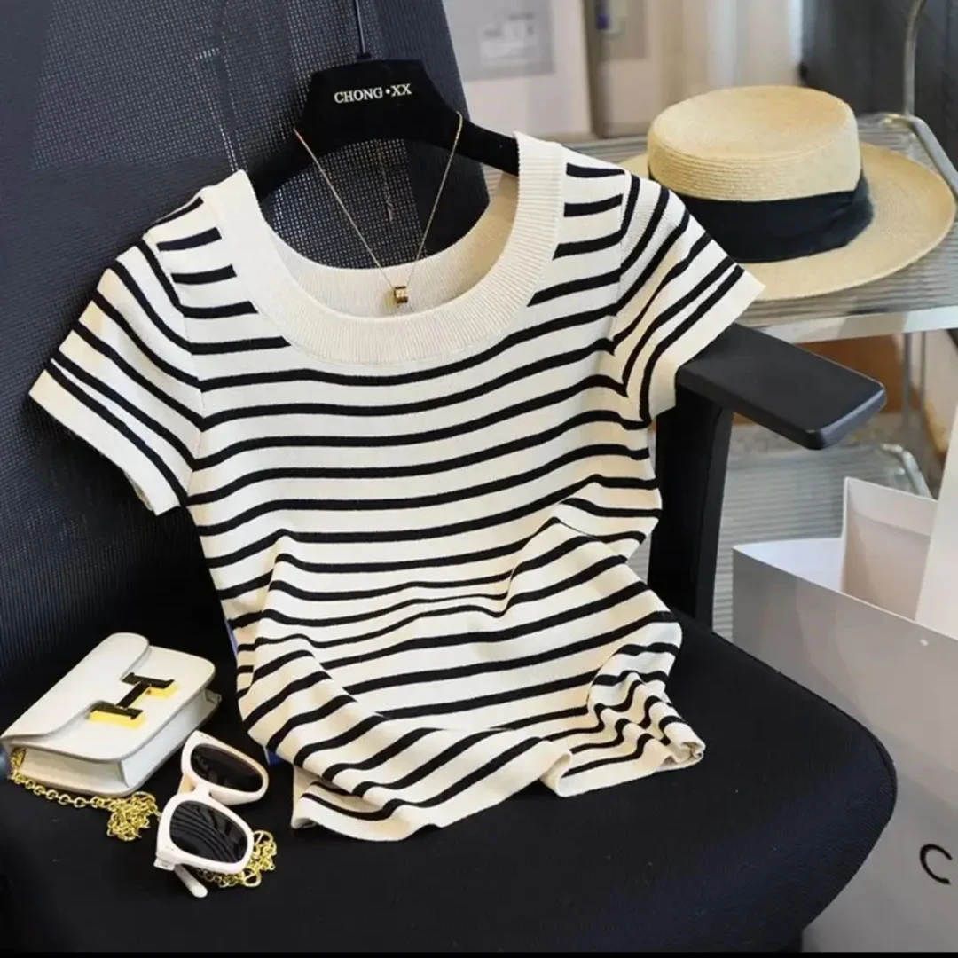 韩版法式U领条纹冰丝短袖针织T恤时尚修身显瘦短款上衣设计感百搭