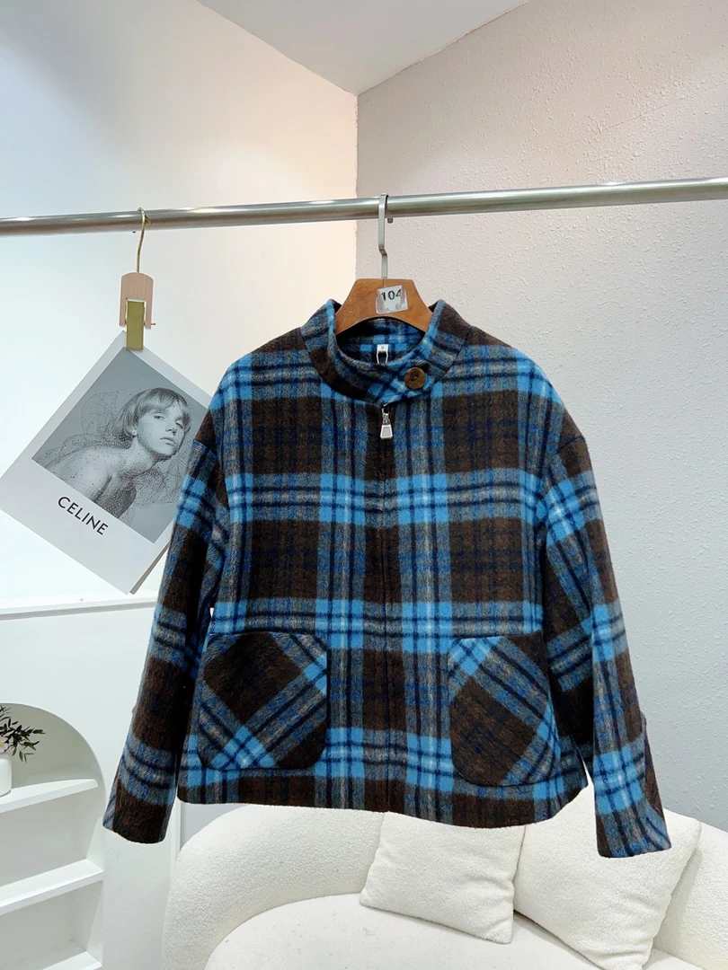 春秋时尚女士宽松蓝格羊毛外套  W320