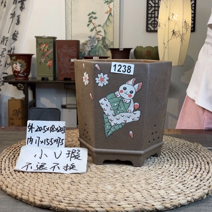 紫砂花盆 微微瑕柴烧彩绘六方1238