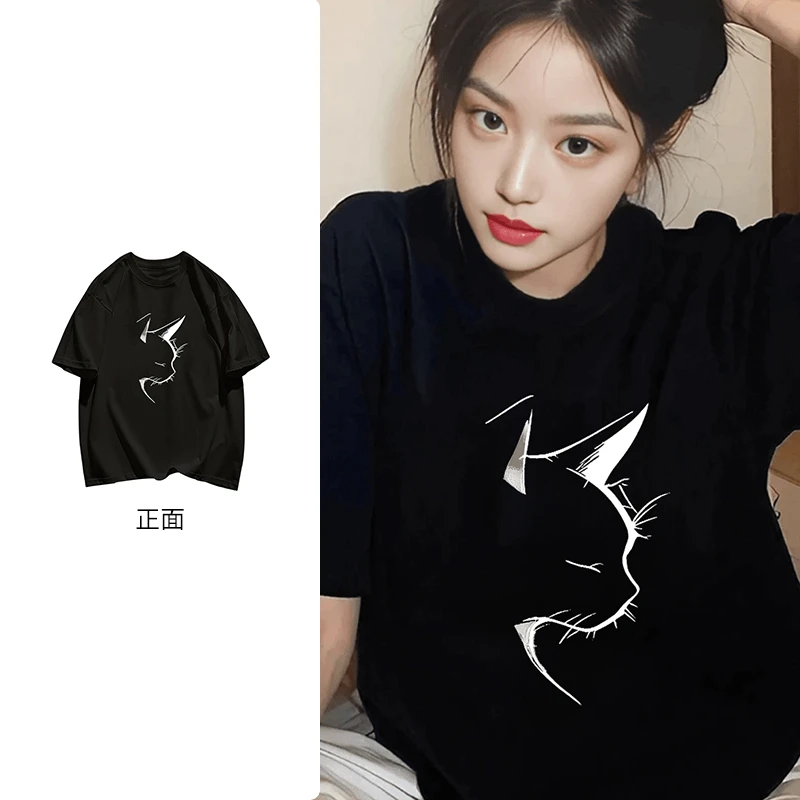 美式黑色显瘦纯棉T恤夏季小众休闲百搭猫咪印花短袖上衣ins#N571