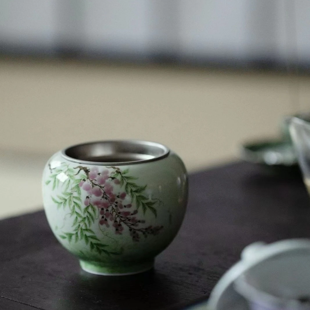 果青釉下彩手绘紫藤花手工陶瓷建水茶渣桶功夫茶道配件水盂茶空间