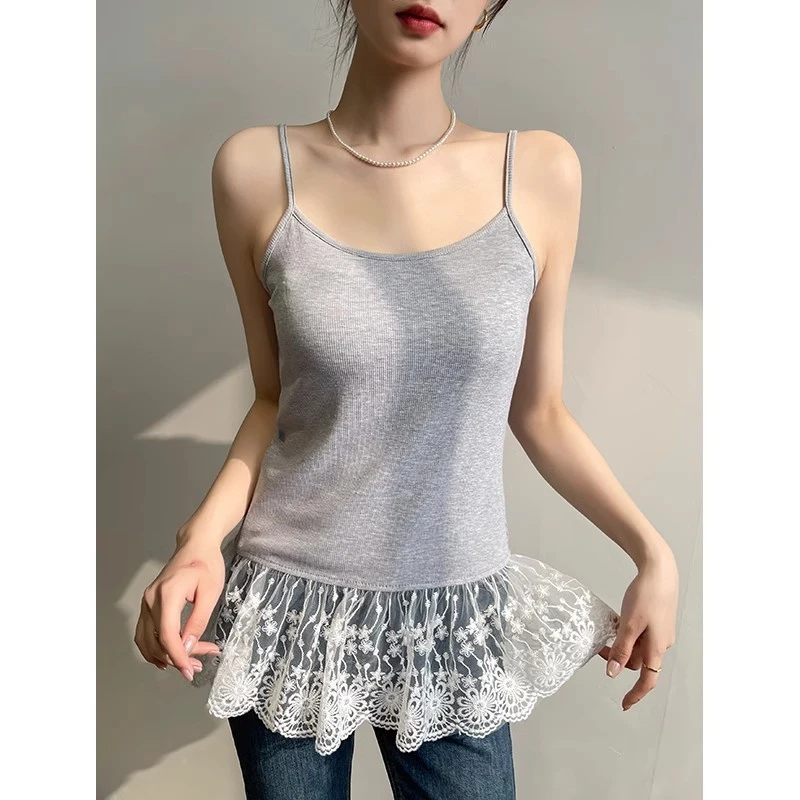 灰色蕾丝拼接吊带背心女内搭夏季2025年新款叠穿无袖外穿打底上衣