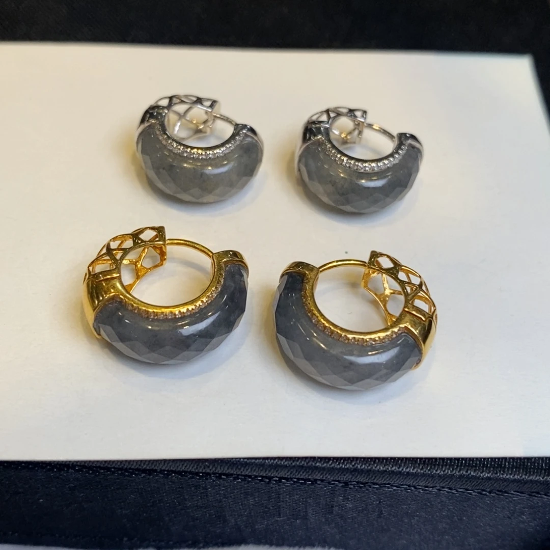 翡翠耳饰18K金镶嵌冰乌鸡切割面圈圈耳扣 多样性一对发货