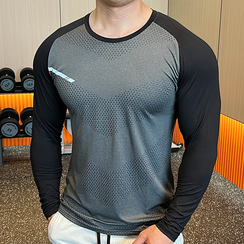 新款男士长袖圆领拼色健身衣速干透气弹力户外机能运动长袖跑步衣
