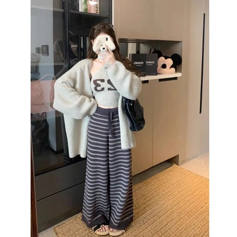 韩版宽松条纹高腰显瘦阔腿裤女秋冬新款垂感拖地垂感拖地休闲长裤