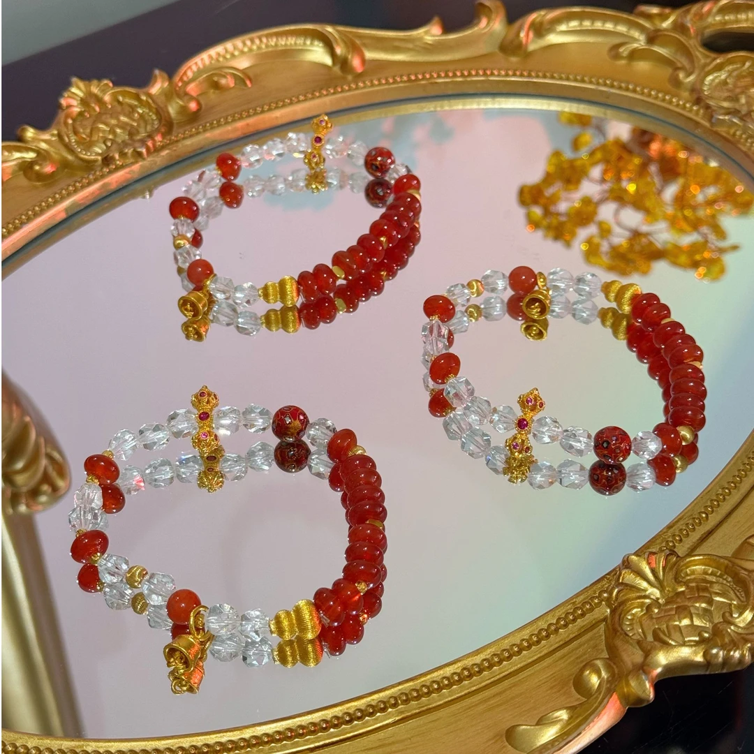 【鸿运当头】6mm红玛瑙+白水晶钻石切割+大漆珠手串 多样性发一