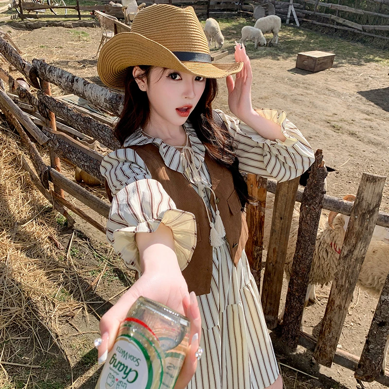 竖条纹长袖连衣裙套装女2025春季新款甜酷风复古马甲小个子两件套