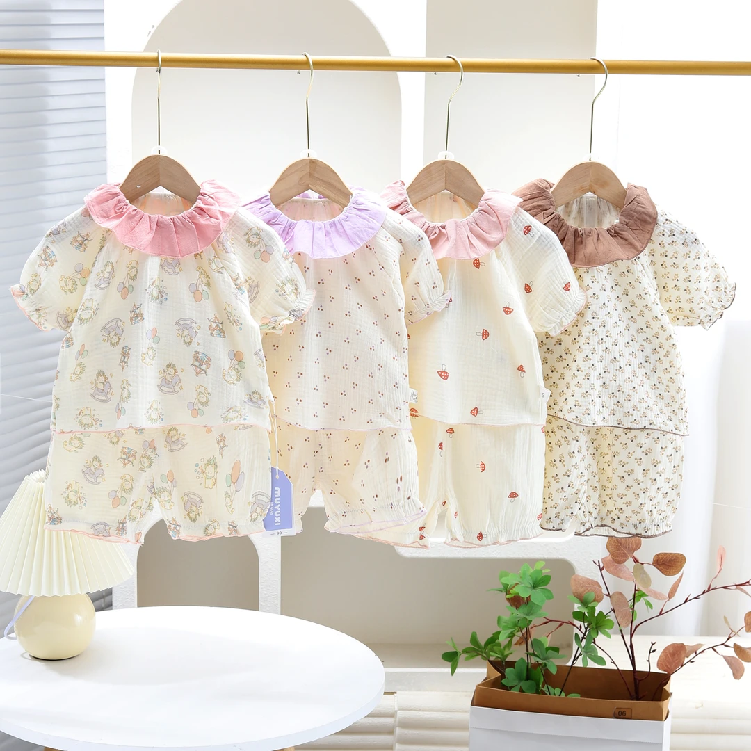 女童纱布睡衣夏季2025新款纯棉女宝宝家居服儿童短袖套装薄款韩版