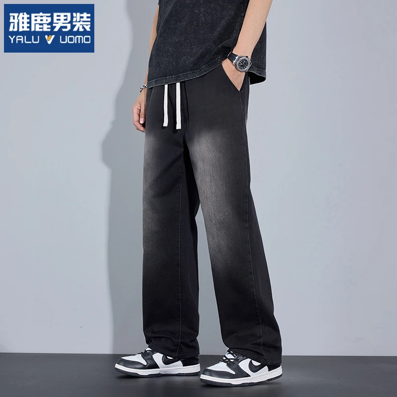 雅鹿男装牛仔裤男黑色复古美式夏季男款裤子阔腿裤男裤男生休闲裤