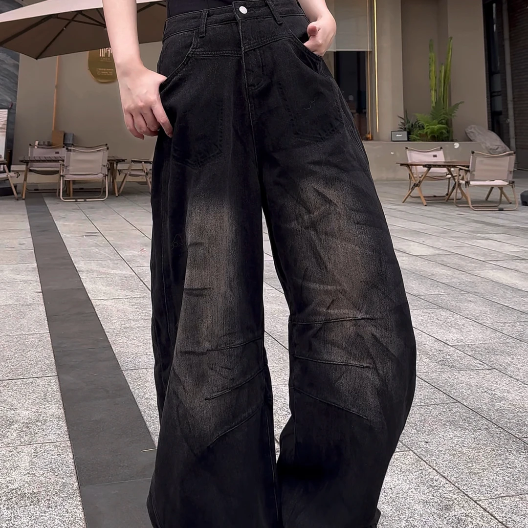 冬季加绒做旧阔腿裤水洗中腰常规款牛仔裤显瘦直筒裤黑色