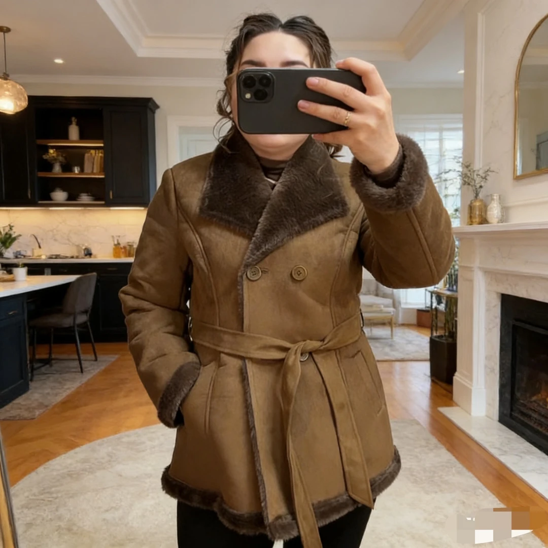 冬季翻领加厚保暖时尚百搭韩版修身腰带显瘦长袖厚款女士外套新款