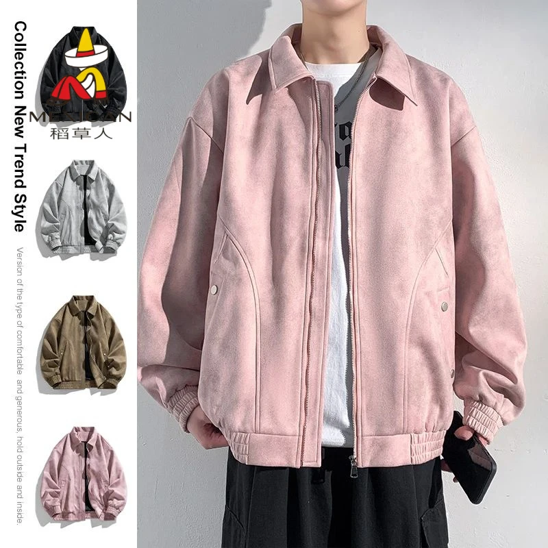 稻草人美式新潮磨毛皮夹克男士春秋季潮款帅气翻领休闲皮衣外套男