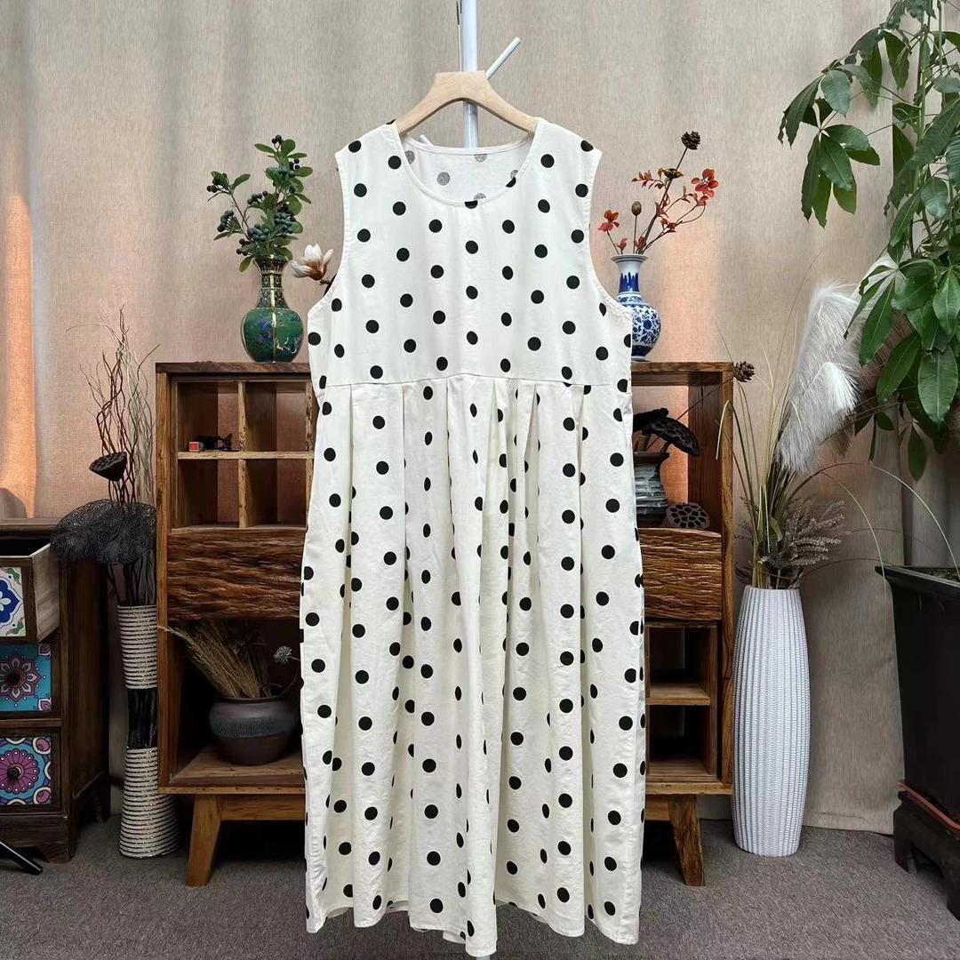 花璟与麻原创复古做旧立领波点无袖连衣裙（衣长118胸围不限）