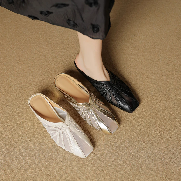 羊皮~5cm内增高夏季新款编织网面透气舒适真皮女士一脚蹬包头拖鞋