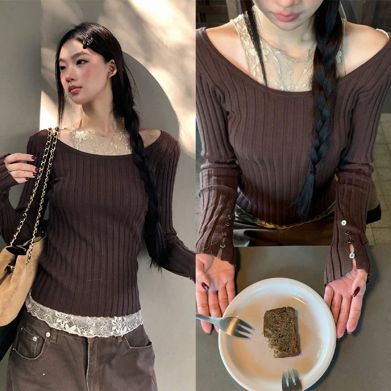 修身显瘦咖色针织衫独特漂亮减龄上衣+蕾丝背心两件套23038#