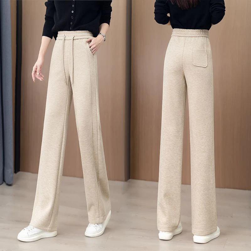 羊绒窄版阔腿休闲裤女秋冬季2025新款松紧腰宽松显瘦遮肉直筒裤子