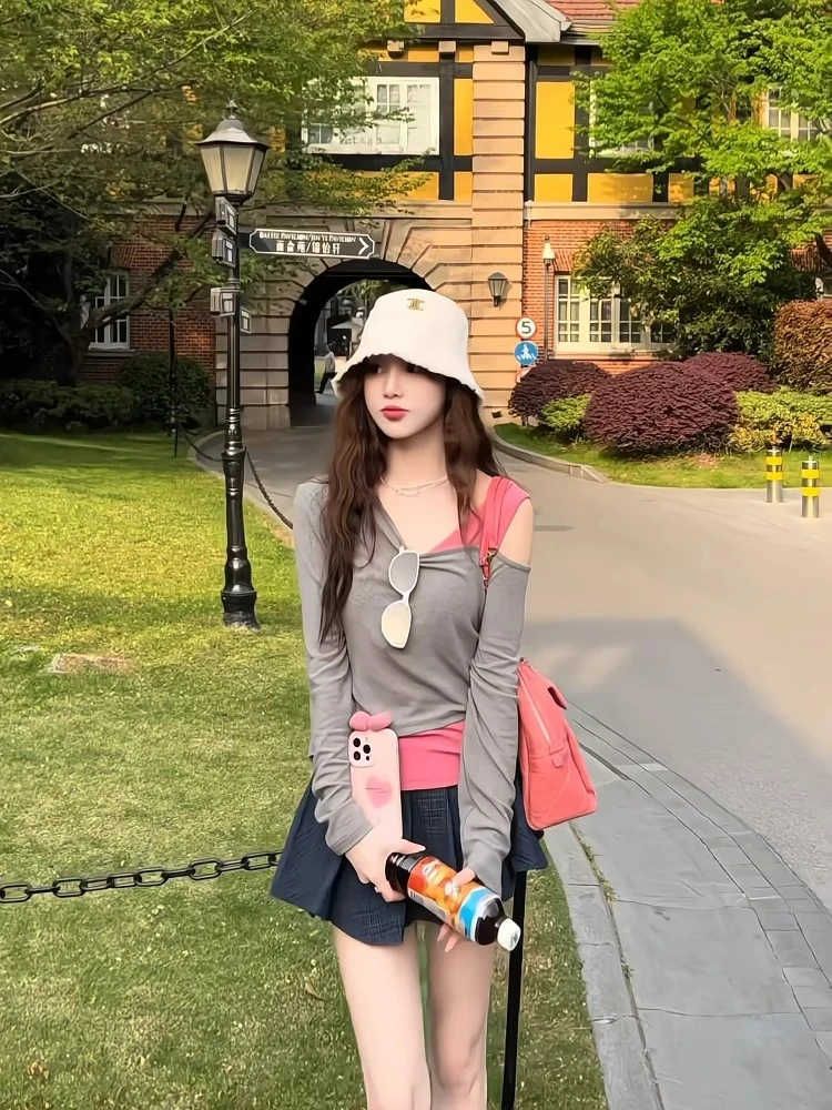 【格调拼色】韩版时尚百搭露肩设计假两件长袖上衣格纹半身裙两件套