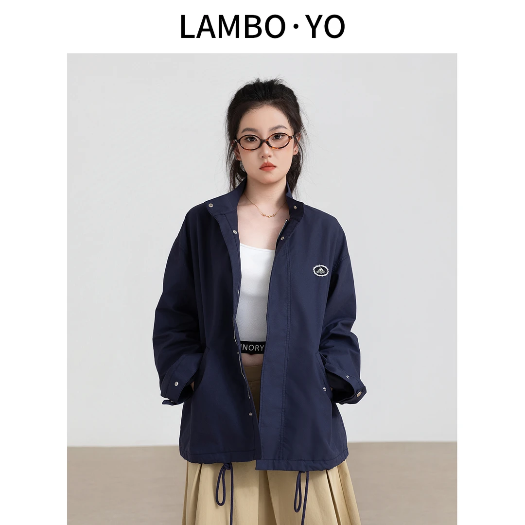LAMBOYO2025秋季偏爱极简风抽绳设计时尚风衣外套