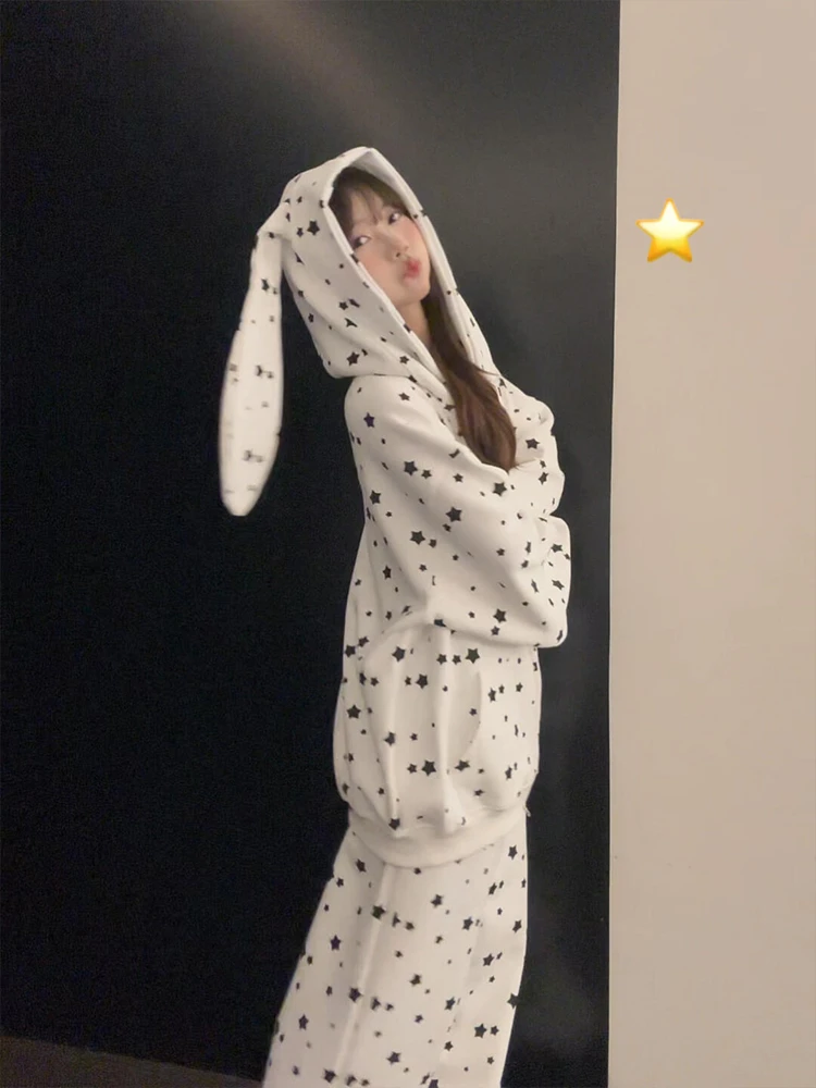 美式星星满印兔耳朵连帽卫衣套装女秋冬慵懒风宽松休闲情侣两件套