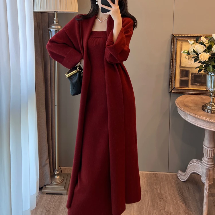 高级北极绒毛衣裙套装中长款加厚针织大衣抹胸裙两件套连衣裙秋冬