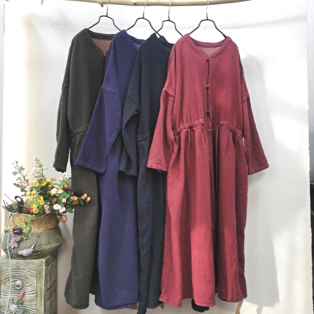 儒品素衣2888定制亚麻系扣长开衫裙