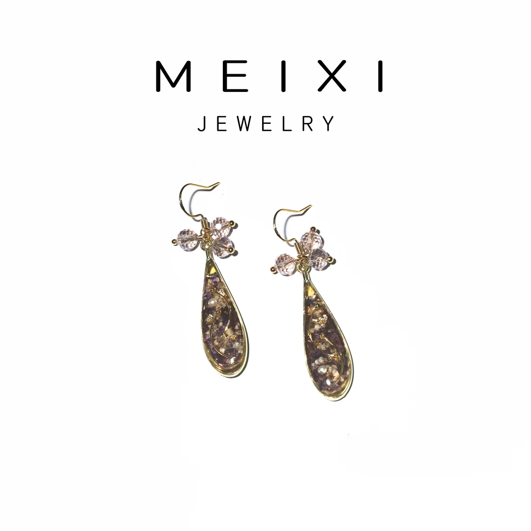 非金属树脂耳饰 原创手作植物压花水滴型修饰脸型重工款耳坠G06