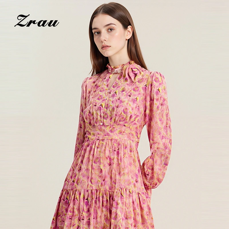 【达人专属】ZRAU复古气质印花收腰长袖连衣裙Z1241L0020