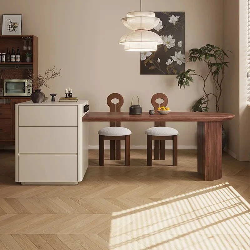 狄䇤胡桃木色古风岛台餐桌一体家用可伸缩小户型奶油风餐桌