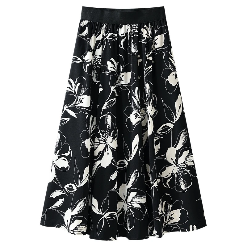 黑色印花半身裙女2025新款夏季薄款高腰小个子a字裙子中长款半裙