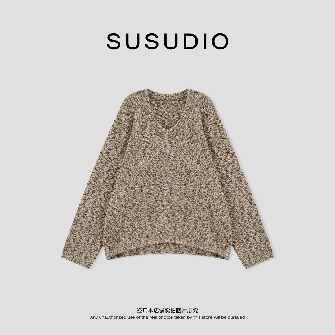 SUSUDIO 100羊毛 慵懒花纱杂色V领柔软宽松显瘦毛衣 50268