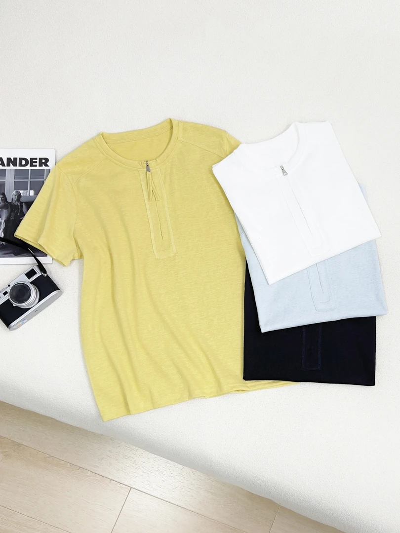 【女王洛克】韩版简约百搭拉链半开圆领短袖t恤女洋气衣服女LK81727