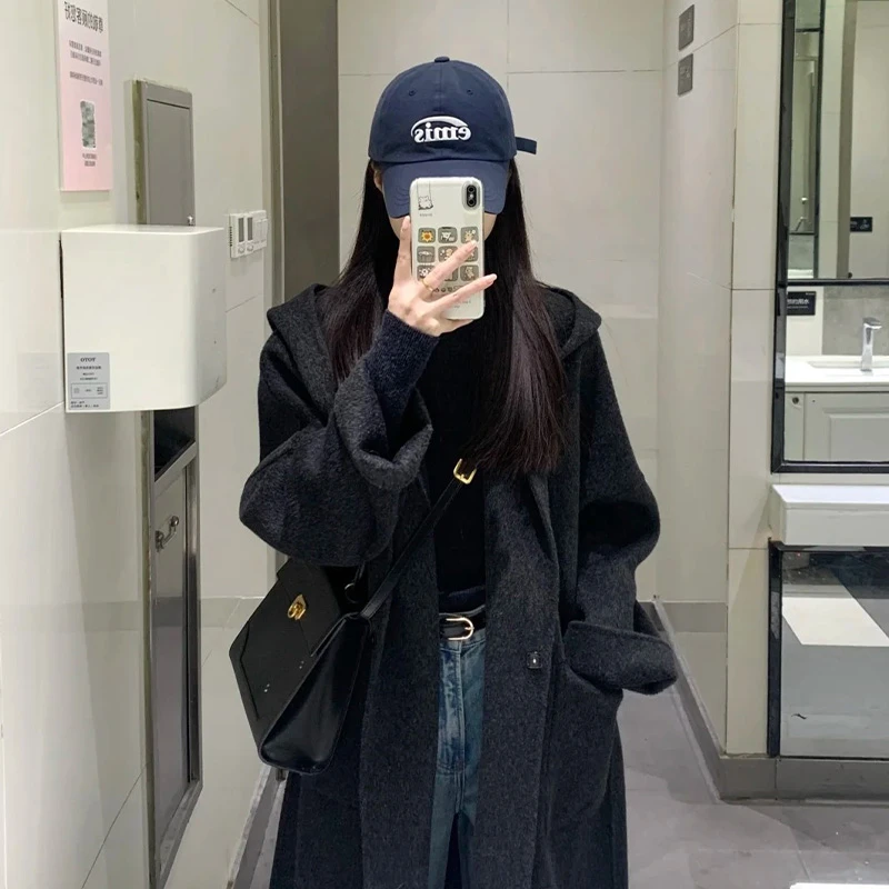 2025秋冬新款双面羊毛大衣女士带帽双面绒大衣毛呢外套
