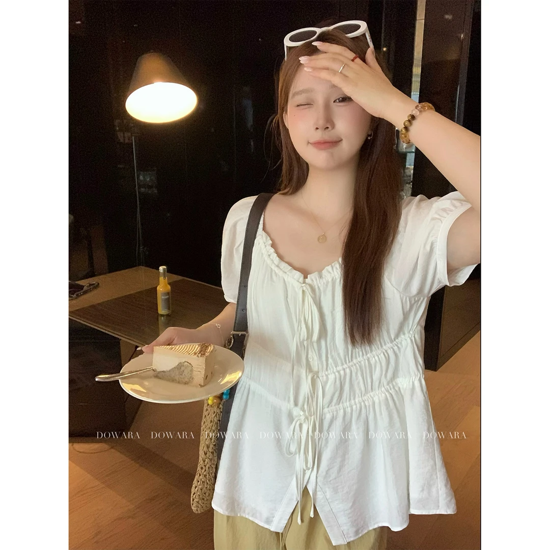 现货大婉酱微胖定制【奶油云衫】设计感娃娃衫衬衫薄褶皱短袖 8583D