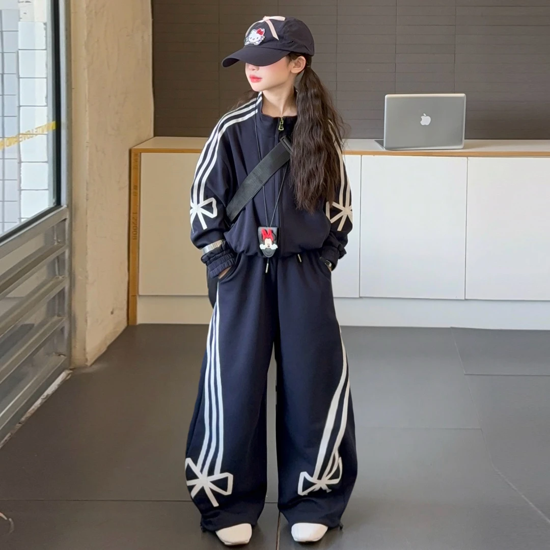 女童运动卫衣阔腿裤套装春秋装2025儿童蝴蝶结上衣卫裤潮酷两件套