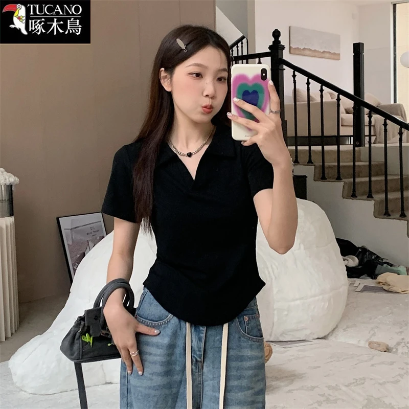 啄木鸟夏季薄款POLO领T恤中年减龄2025年新款短袖修身显瘦上衣女