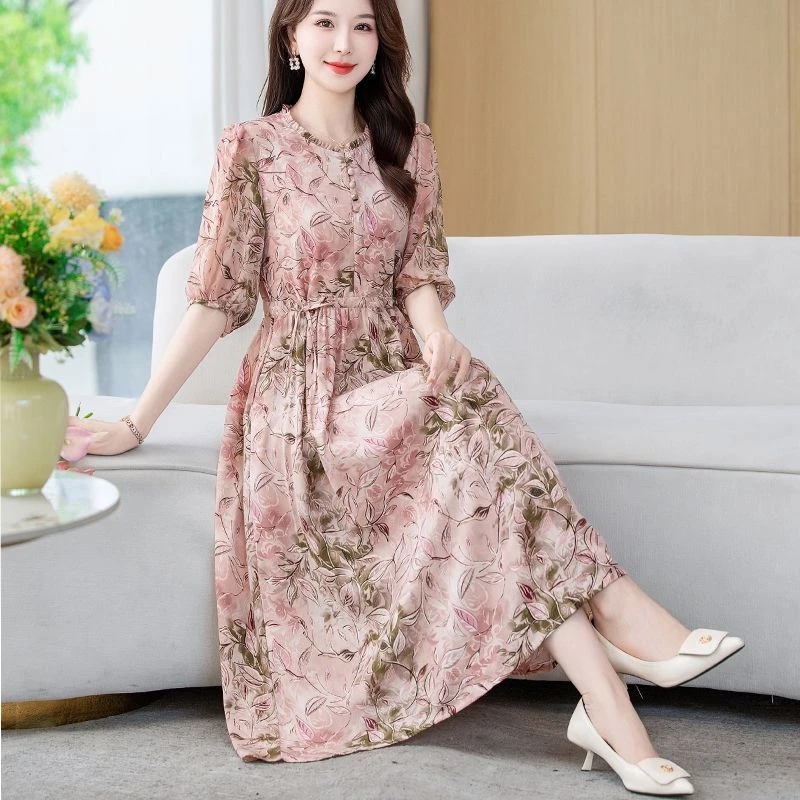 夏季连衣裙气质2025夏季妈妈新款时尚显瘦减龄收腰休闲中袖长裙子