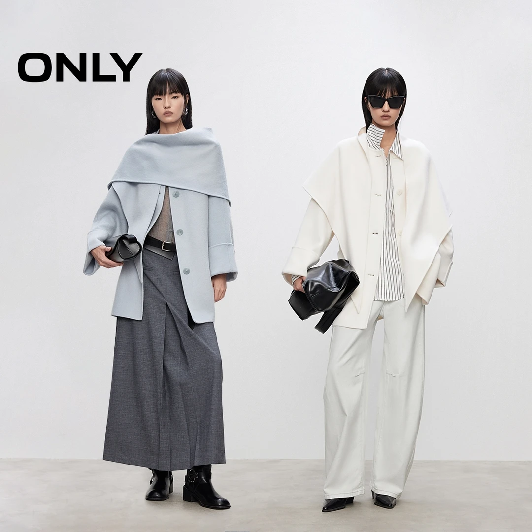 ONLY2025秋季新款温柔廓形圆领双面呢披肩毛呢大衣女|12536T001