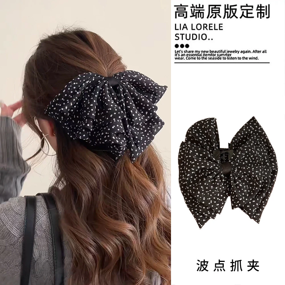 法式波点蝴蝶结抓夹三层网纱公主头发夹女高级感夏季新款时尚