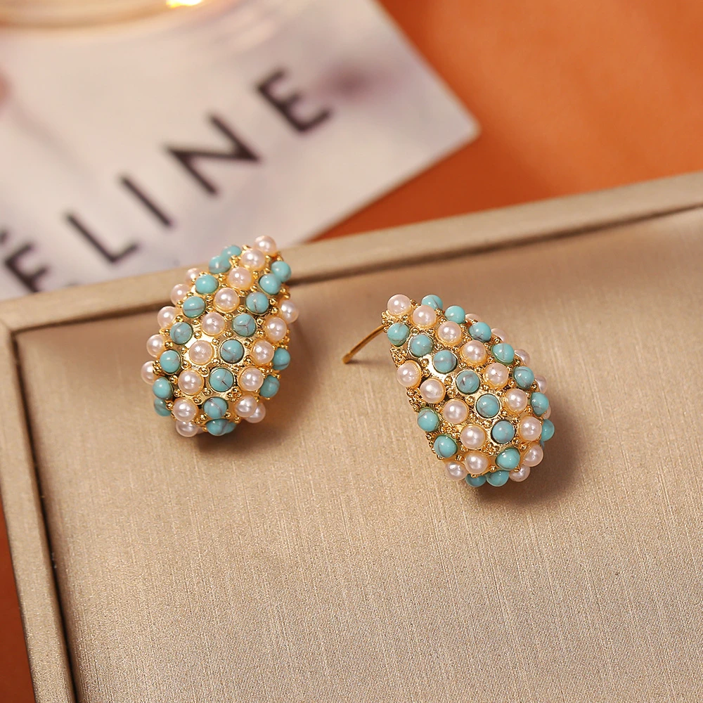 纯铜耳饰 精致镶嵌小众法式复古女耳钉简约法式经典优雅彩色轻奢