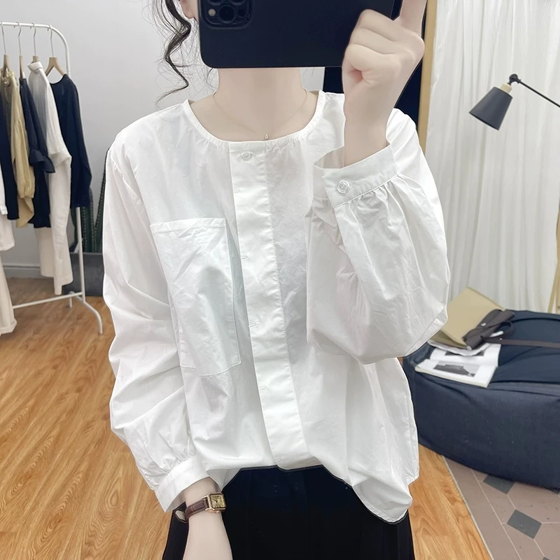 纯棉灯笼袖长袖衬衫女港味复古圆领减龄上衣时尚春新款衬衣娃娃衫