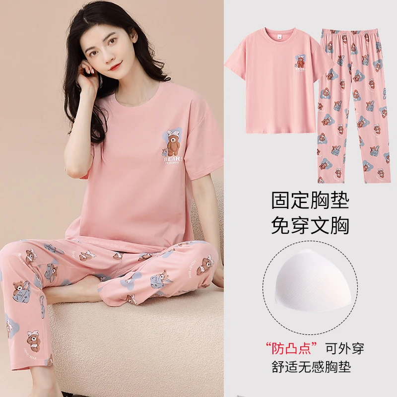 夏天纯棉睡衣女套装自带胸垫春夏短袖印花薄款舒适时尚家居服女士