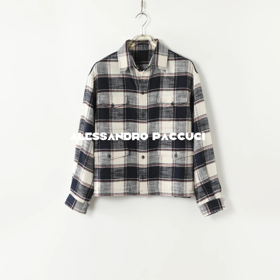 【孤品特价不退不换】洛哥43153WT【雾川海洋】100棉翻领蓝白格衬衫