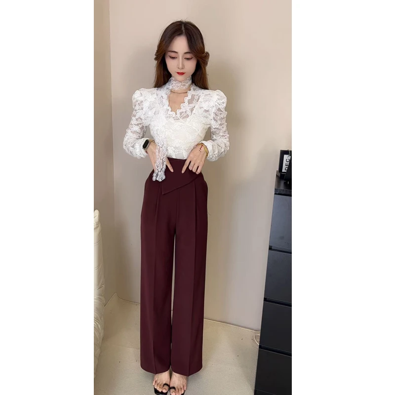 含飘带/名媛风气质洋气V领蕾丝衫上衣女中长款显瘦阔腿裤长裤潮