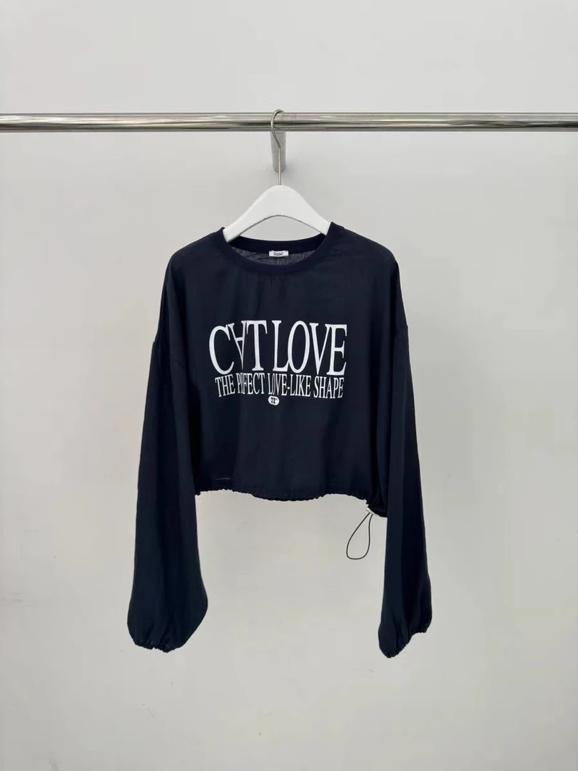 现bene女2025韩国东大门代购夏季字母印花抽绳防晒长袖T恤NO退换