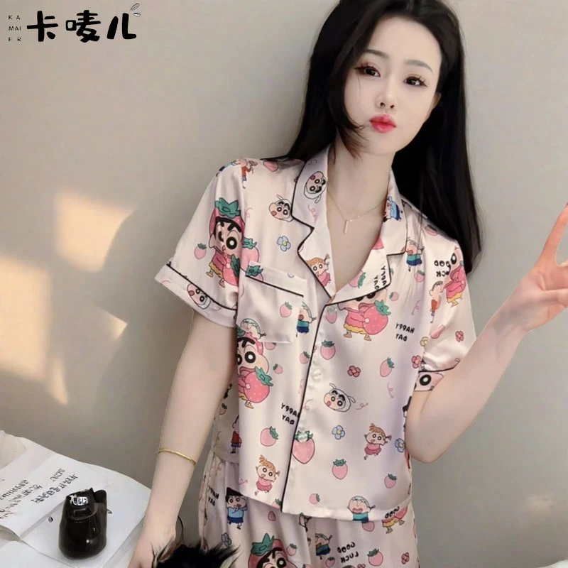 冰丝睡衣女款2025新款夏天卡通印花修身减龄短袖长裤可外穿家居服