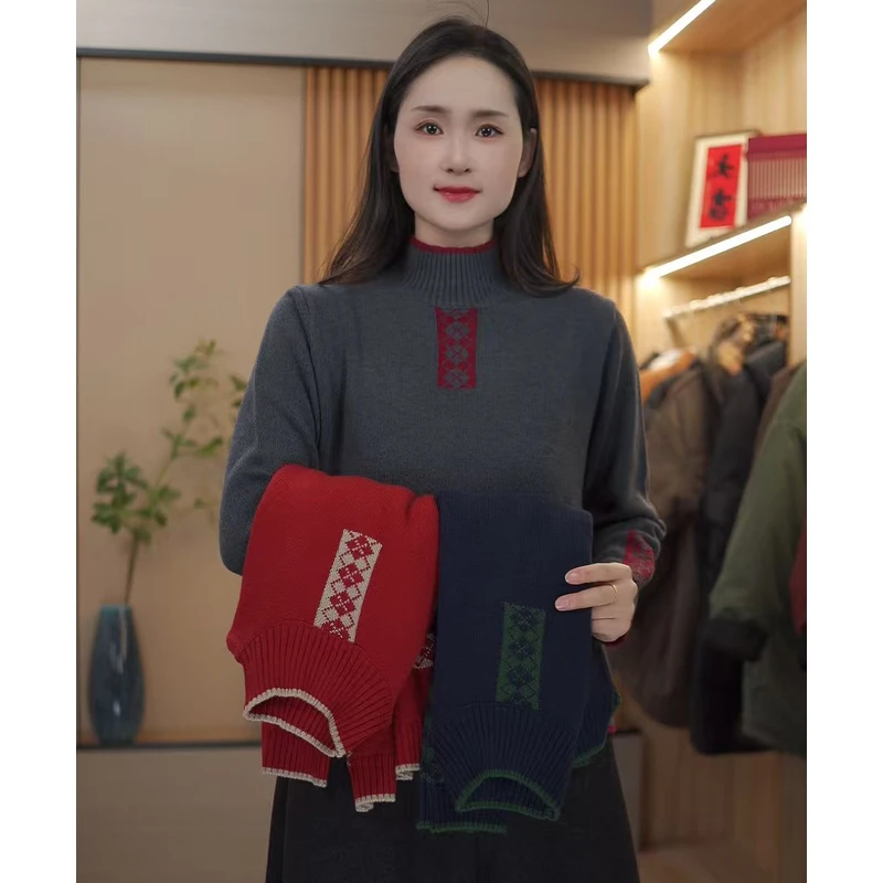 【DAXI定制】冬季新款半高领加厚织花套头毛衣