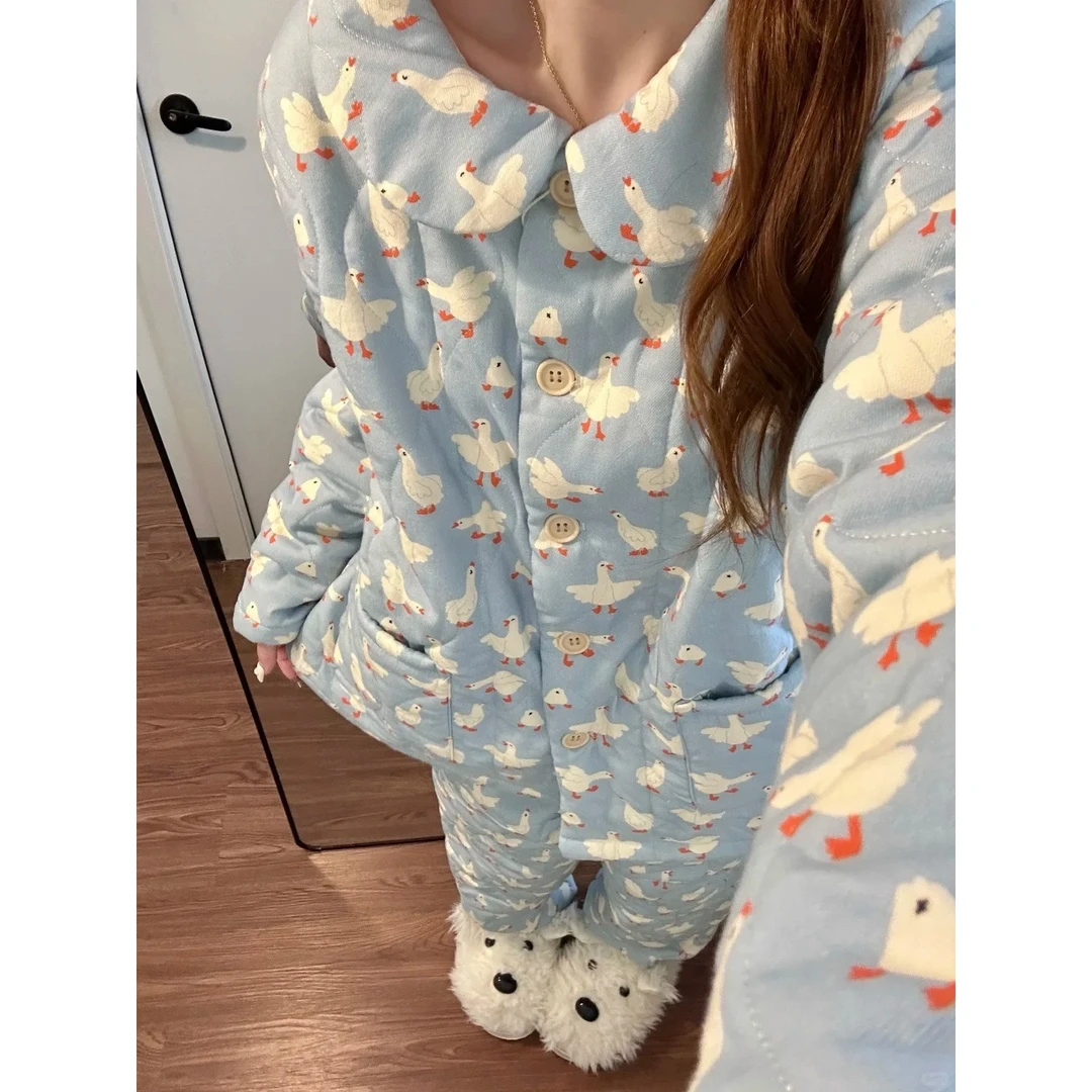 韩系少女卡通大白鹅三层夹棉睡衣女秋冬新款加厚家居服套装可外穿