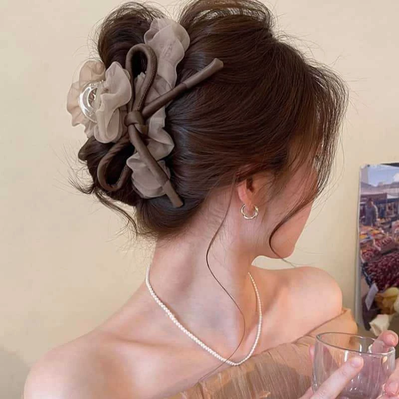 高级感穿戴甲网纱蝴蝶结发夹抓夹女高级感2025新款鲨鱼夹发量大夏